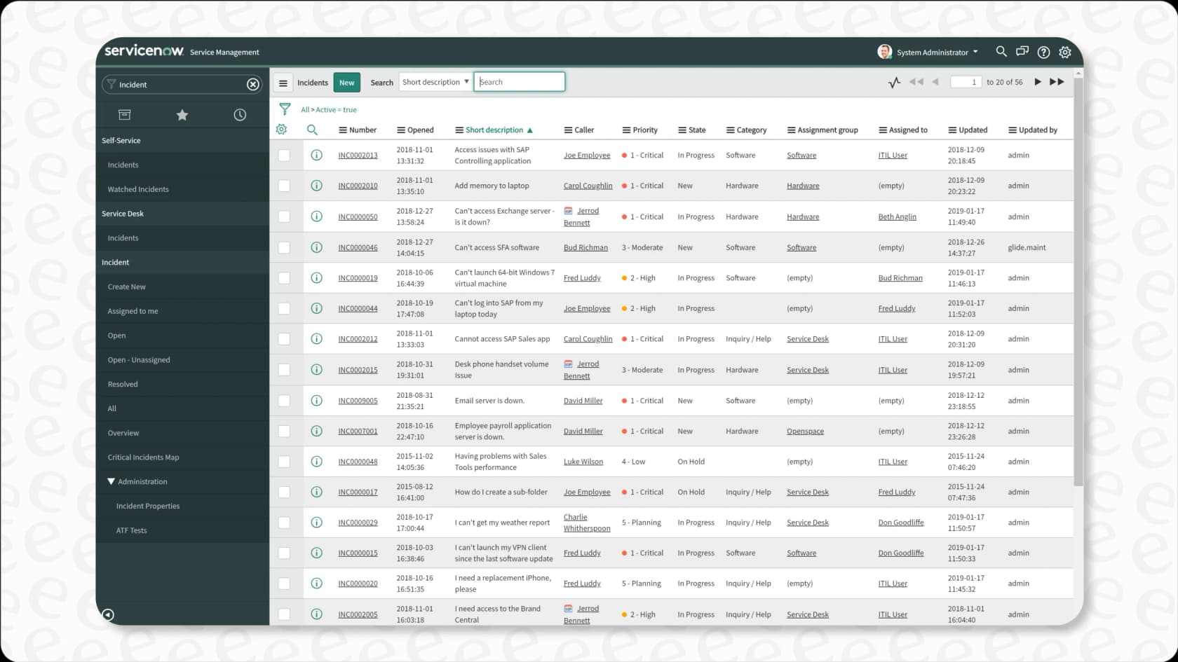 ServiceNow interface for enterprise customer service management.