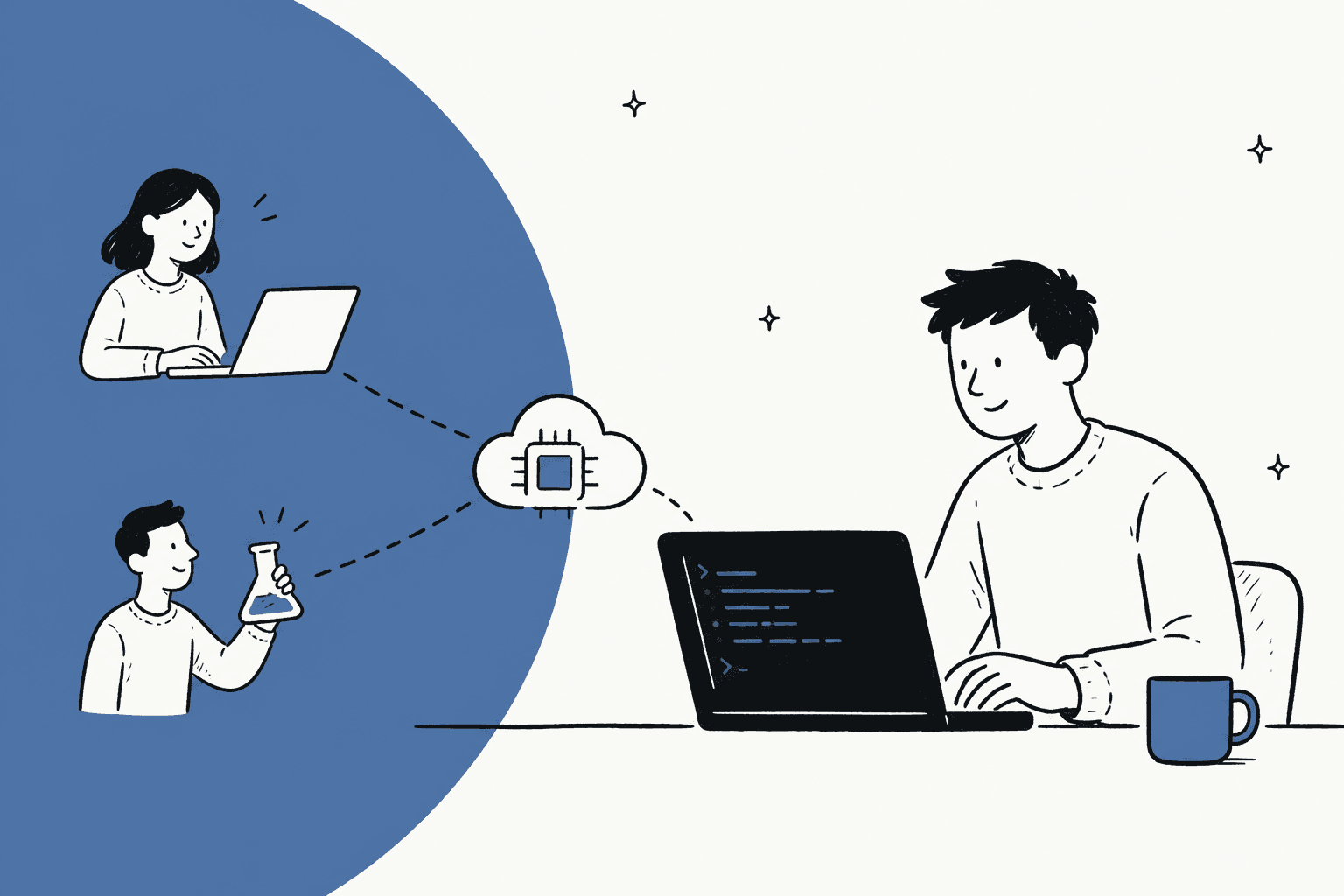 Developers experimenting with an AI API through a terminal and cloud service