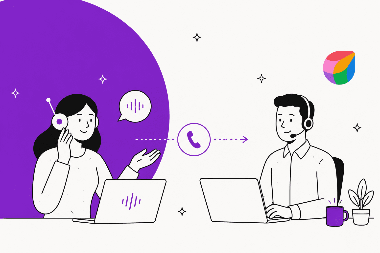 Illustration of a voice AI call handed to a headset-wearing support agent, with the Freshworks logo