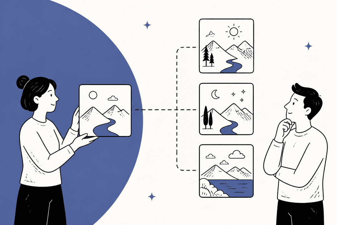 One landscape illustration branching into three visual variations
