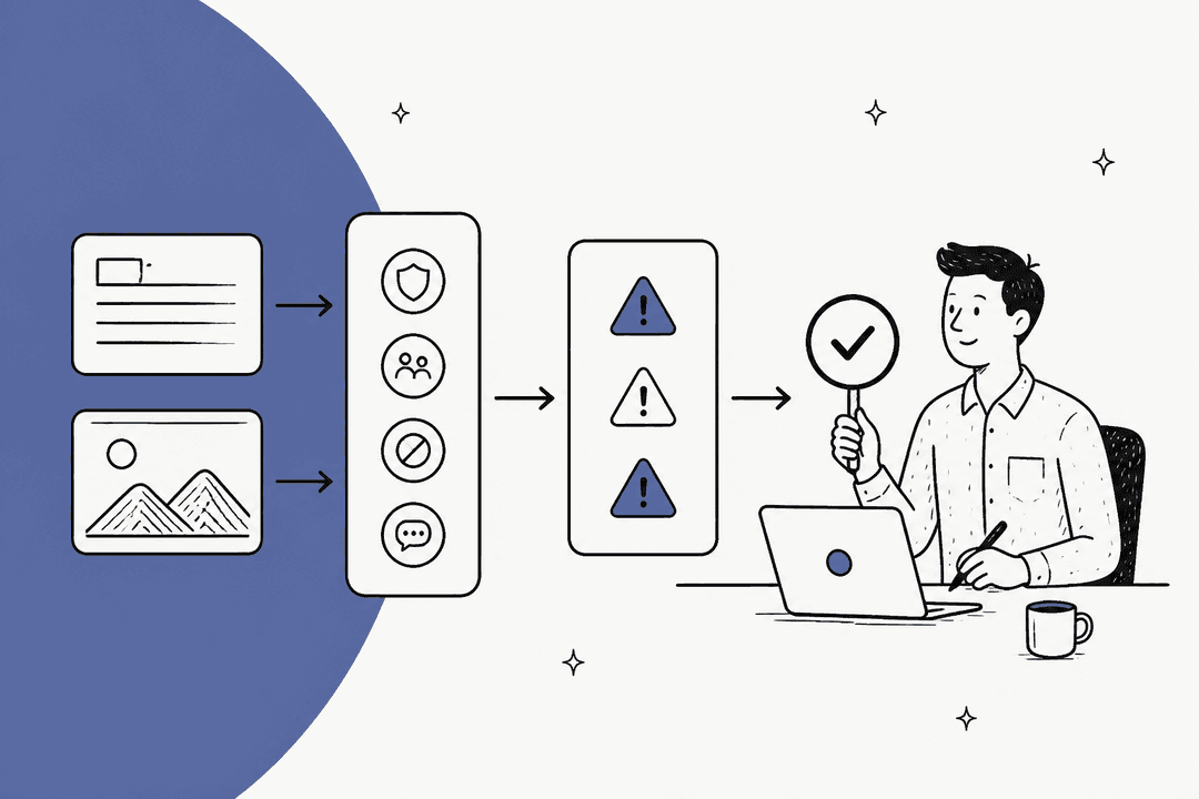 Text and image inputs moving through risk flags to a human reviewer