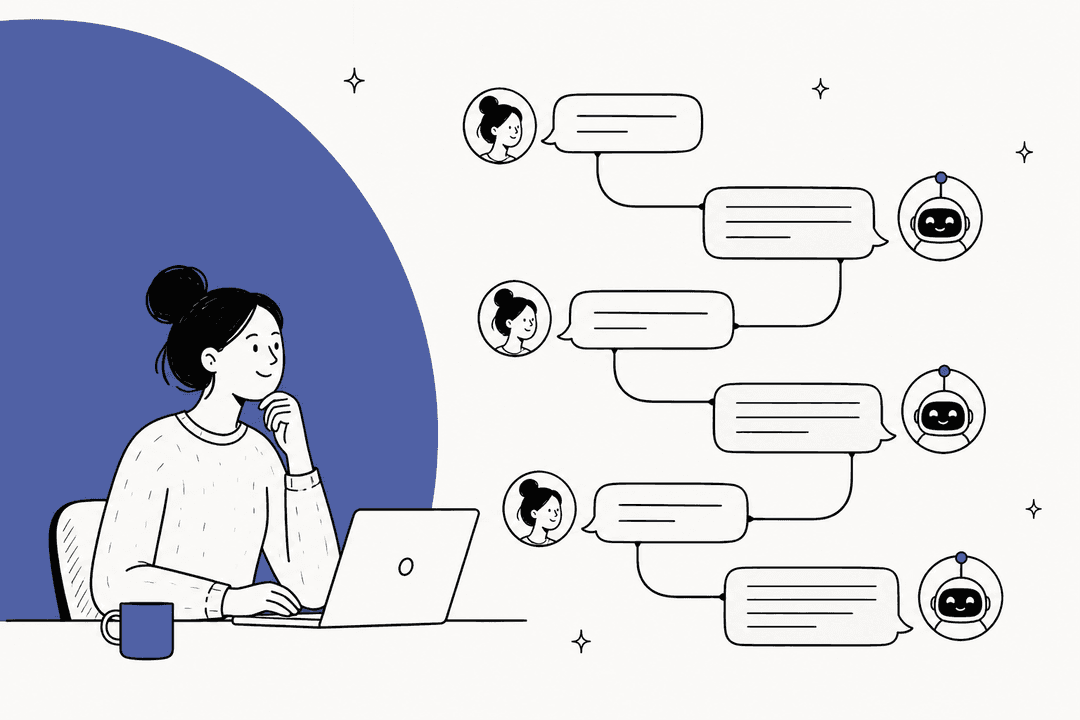 A person viewing connected user and assistant message threads