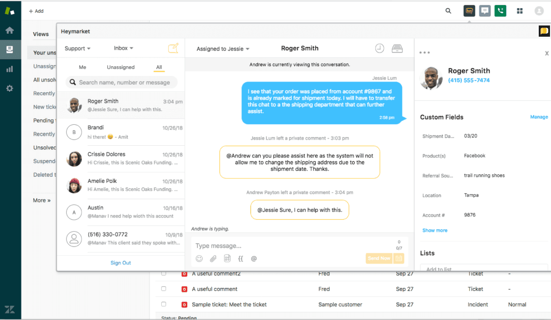 Heymarket conversation management interface with active customer chat, custom fields, and internal notes.