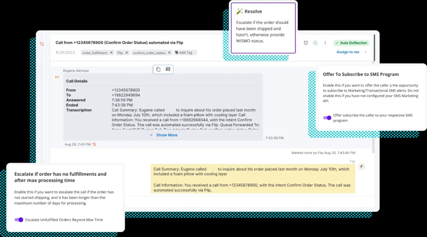 Vue de la chronologie Kustomer avec les détails de la commande du client et l'historique des conversations