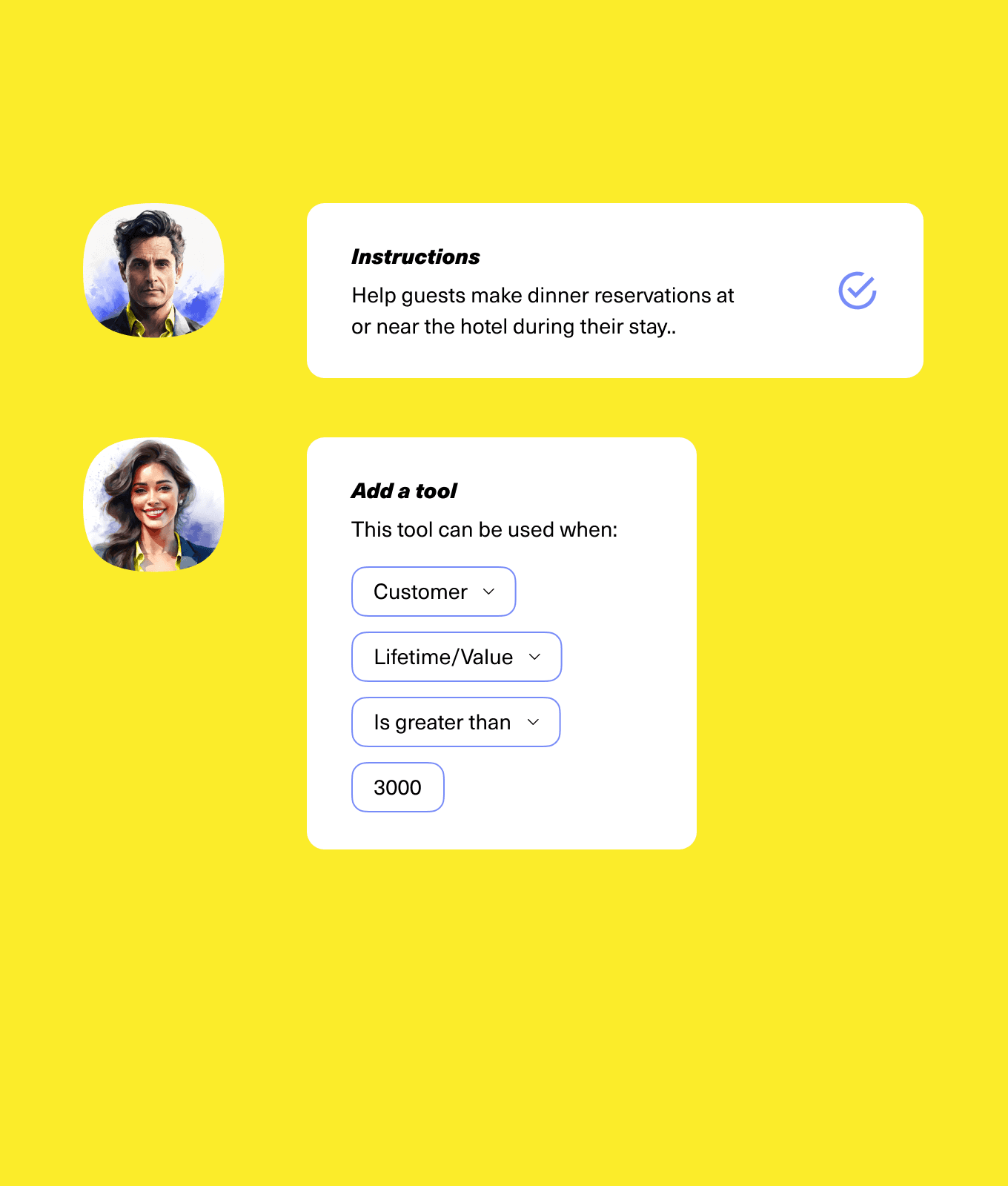 AI agent configuration panel with conditional tool usage based on customer lifetime value
