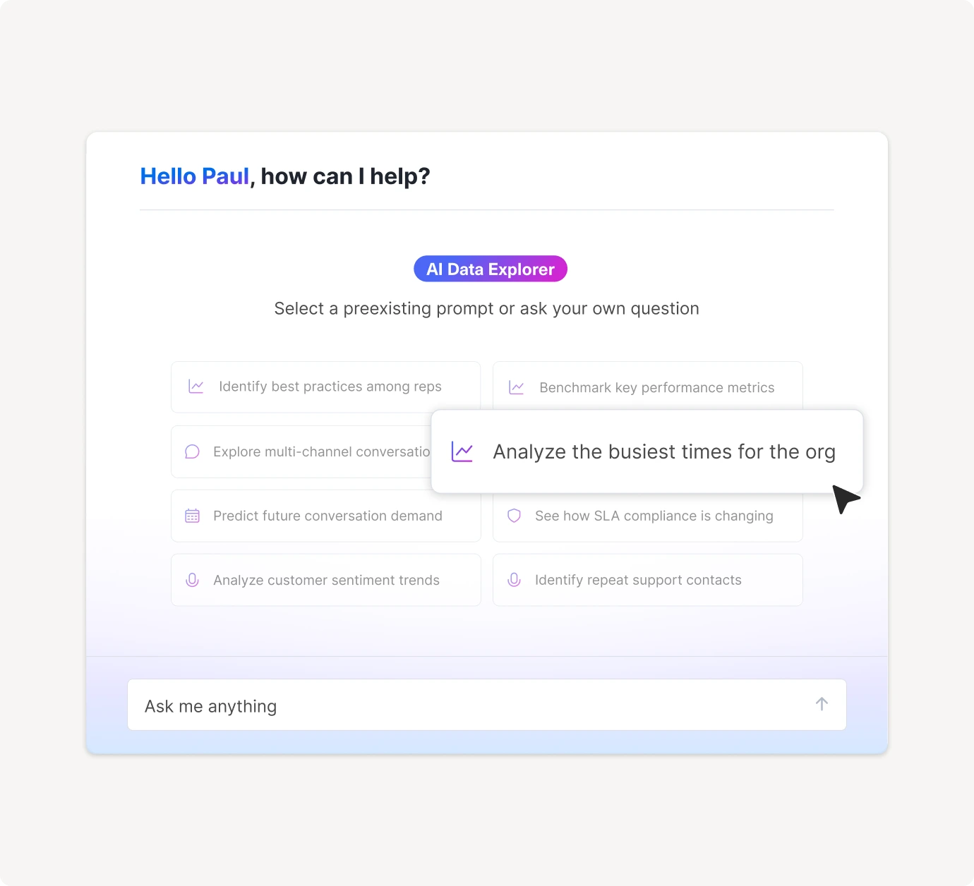 AI Assistant Data Explorer dashboard with predefined prompts for data analysis