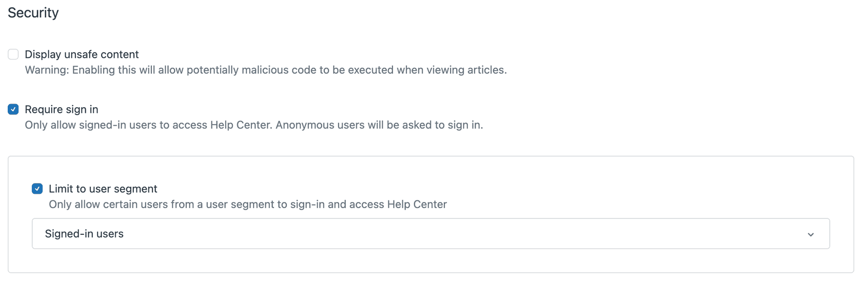 A Help Center security settings page displaying options for sign-in requirements and user segment access.