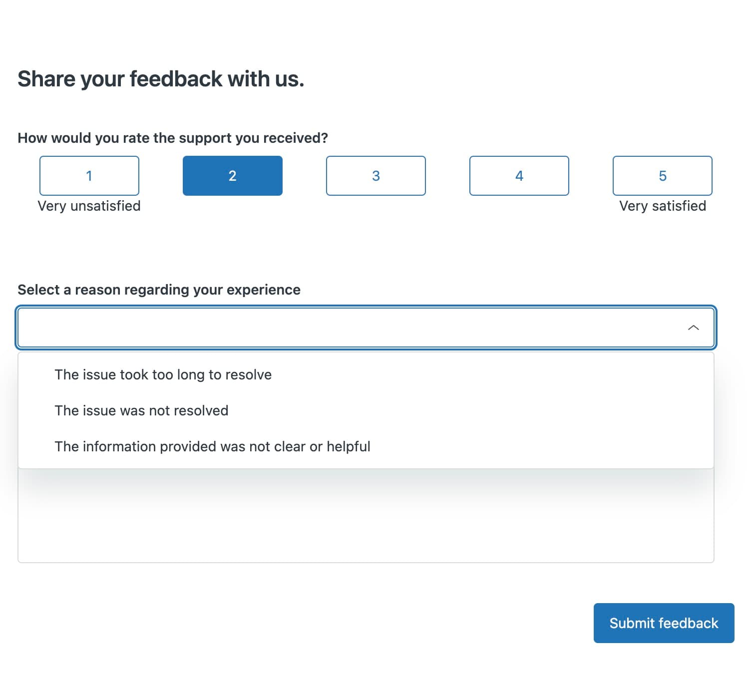 Zendesk CSAT survey form with rating scale and feedback options