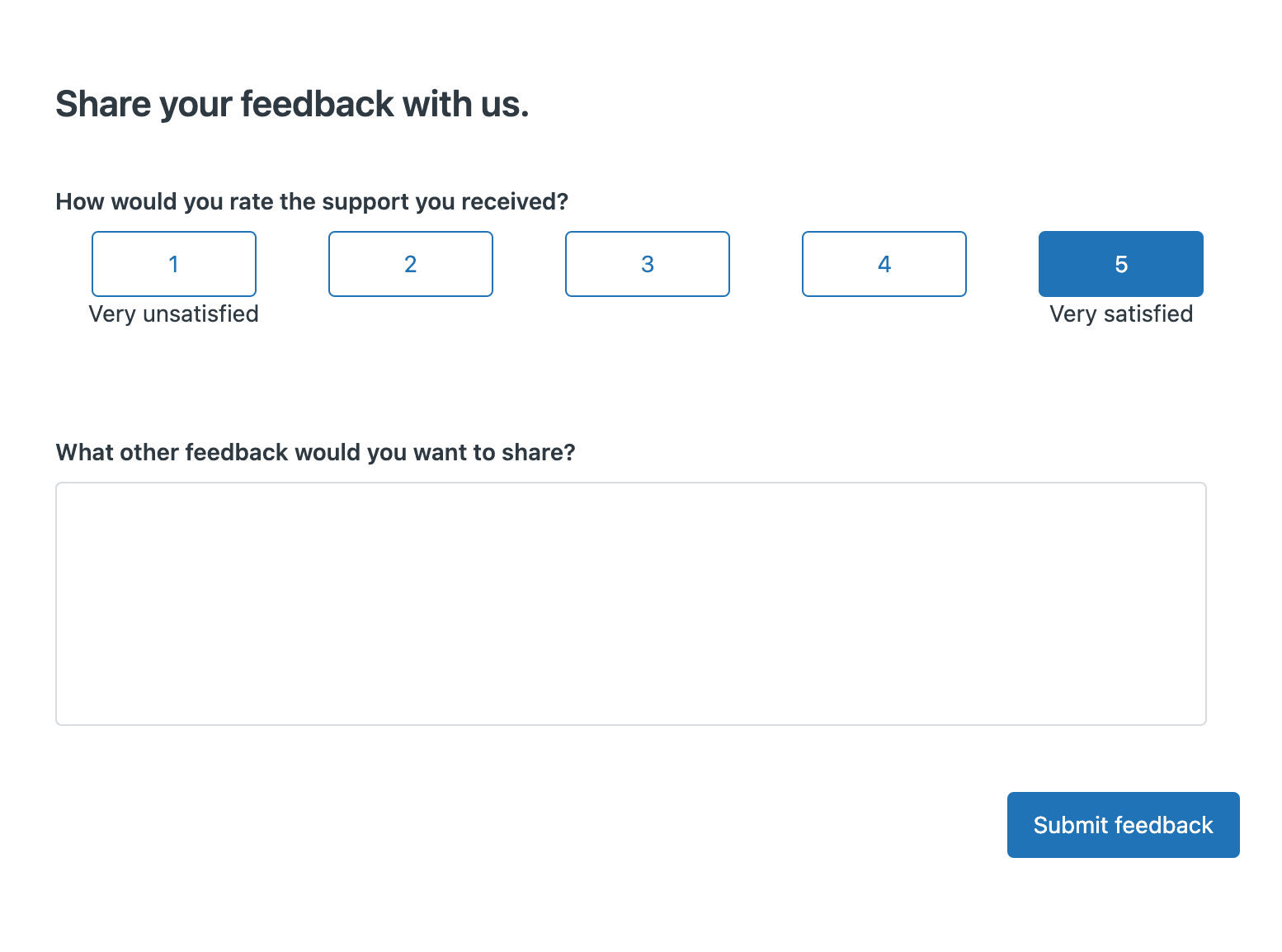 Um formulário de feedback do usuário com uma escala de classificação de satisfação de 1 a 5 e um campo de texto aberto para comentários.