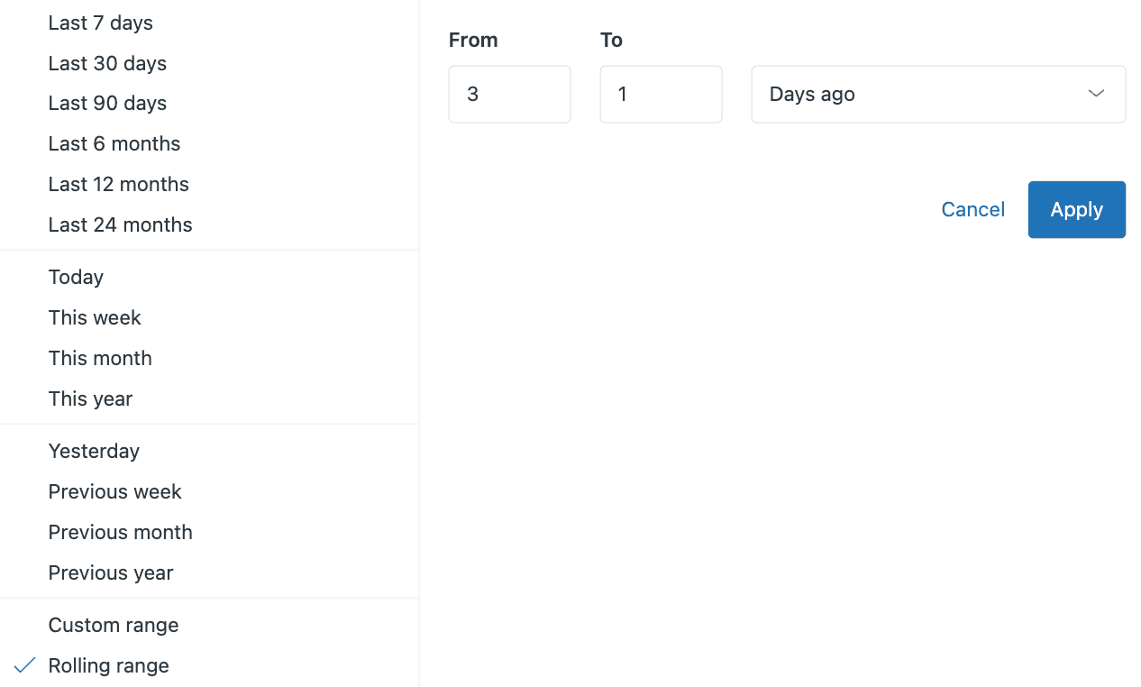 Time filter configuration panel with predefined date ranges and rolling range selector