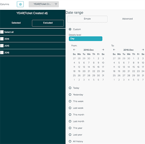 The date filter configuration panel, allowing users to define custom date ranges or select from predefined periods for data exploration.