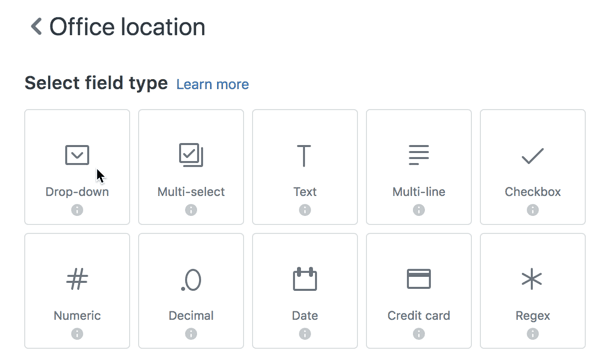 Interface do Zendesk Explore para selecionar tipos de campos personalizados como Menu suspenso, Multi-seleção e Texto