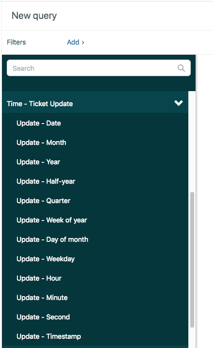Dataset selection screen with time-based update fields for ticket history