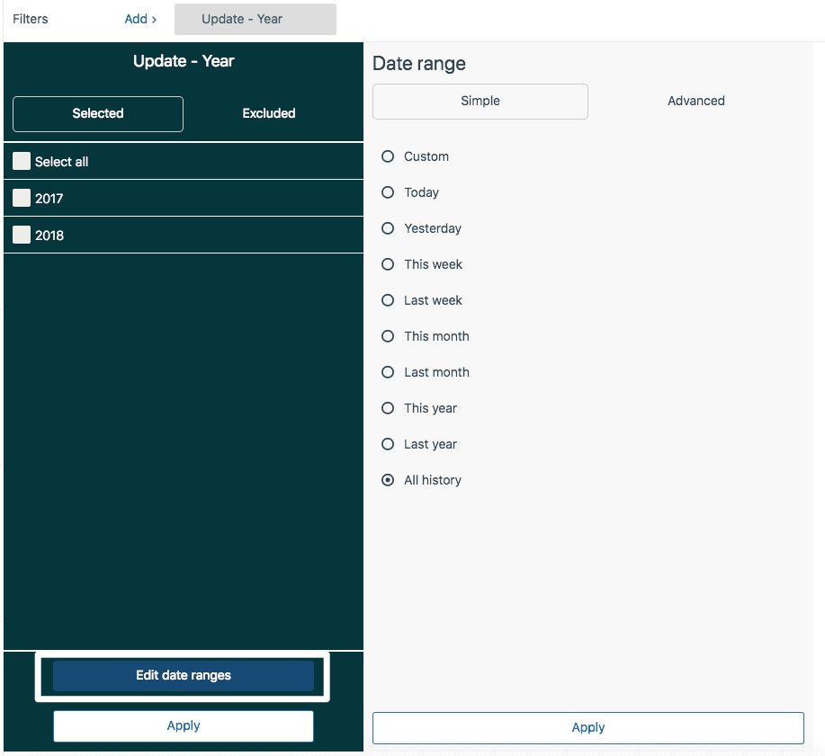 Date filter configuration panel showing year selection and various date range options