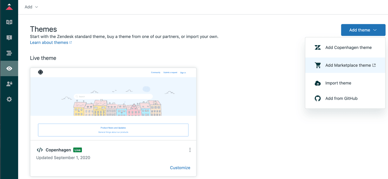 Zendesk's themes page displaying the 'Add theme' button and options for managing and adding new themes.