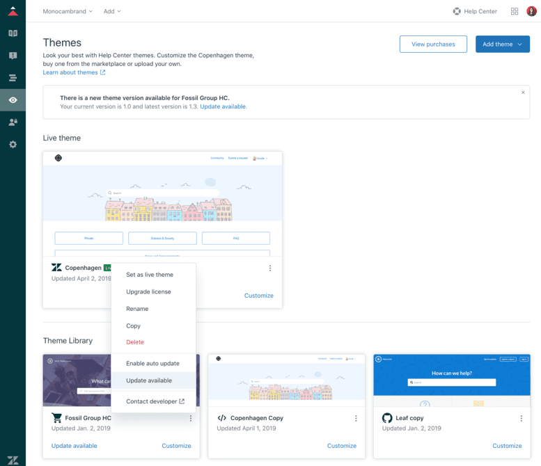 Zendesk Help Center's theme management interface showing multiple 'Update available' notifications for themes.