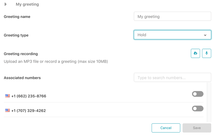 Greeting management interface for naming, categorizing, and uploading custom recordings