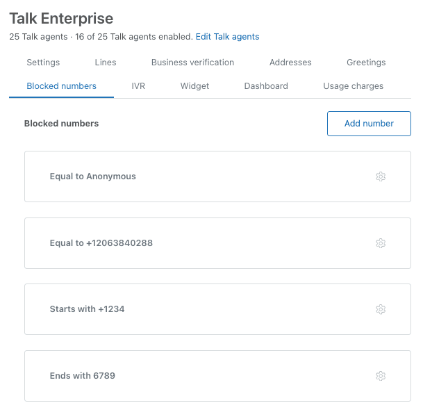 Talk Professional's admin interface showing the 'Blocked numbers' tab selected within its settings.