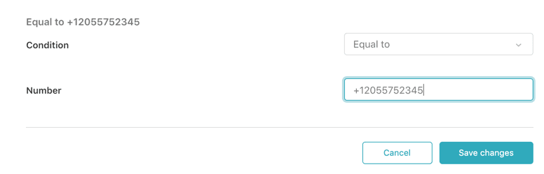 The interface for defining a number-based condition, showing a number entry form with a 'Condition' dropdown and 'Save changes' button.