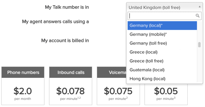 Voice service setup interface displaying country-specific phone number options and pricing for inbound calls and voicemail.