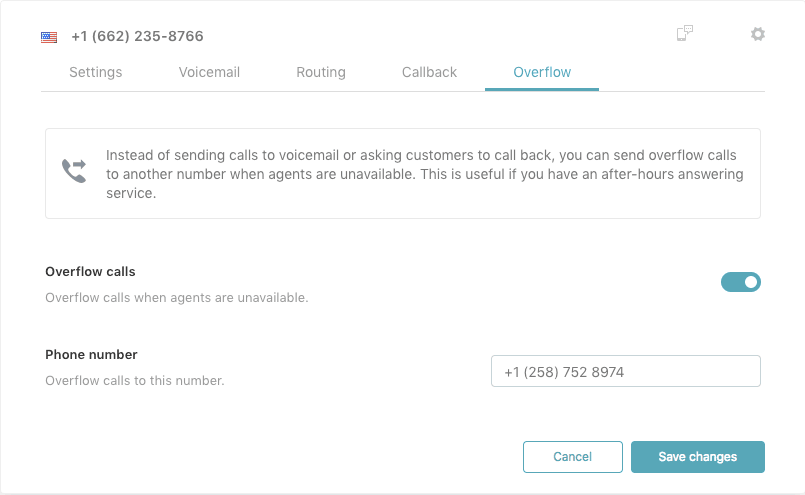 Zendesk Talk overflow settings tab for configuring an external overflow phone number