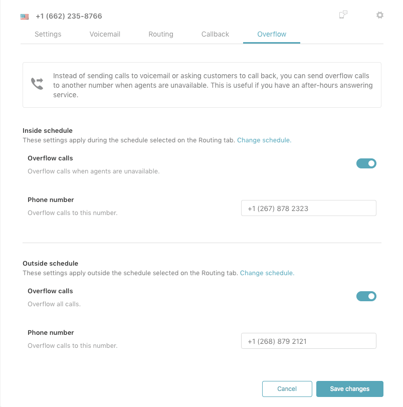Zendesk Talk overflow settings showing inside and outside business hours configuration options