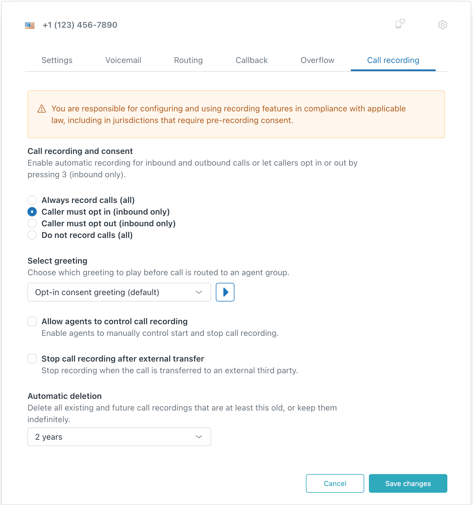 Panneau des paramètres d'enregistrement des appels avec options de consentement opt-in et opt-out