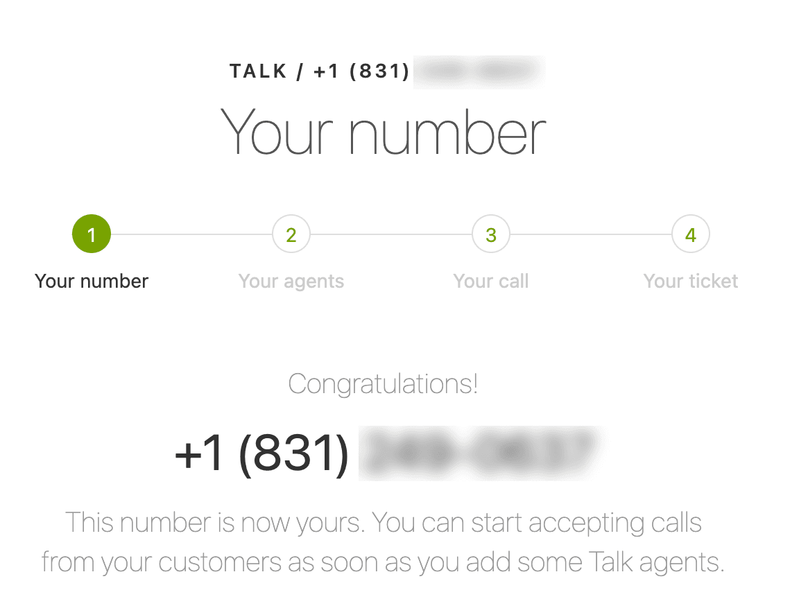 Zendesk Talk number setup wizard for configuring a new phone line