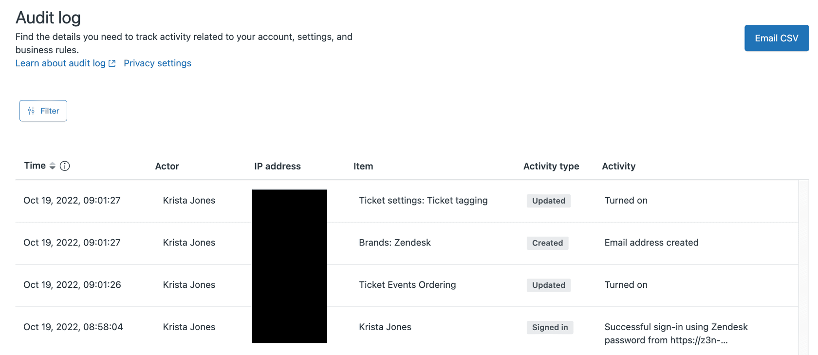 Zendesk Admin Center's audit log interface displaying a table of recent activity entries.
