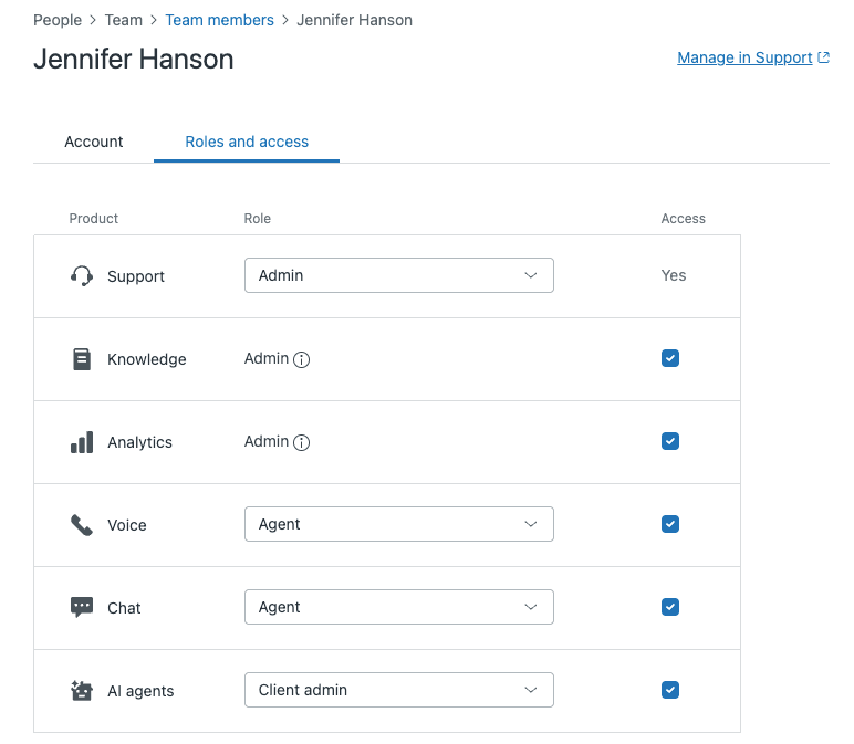 User management interface for configuring roles and access permissions across Zendesk products