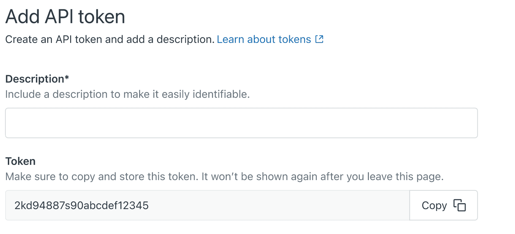 API token creation interface with description field and generated token