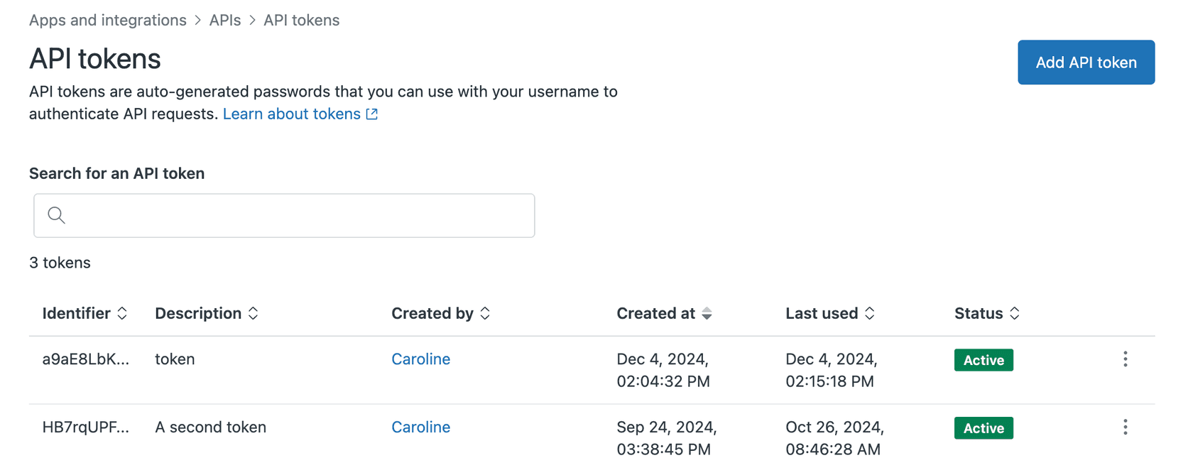 Admin Center API tokens page displaying active API tokens
