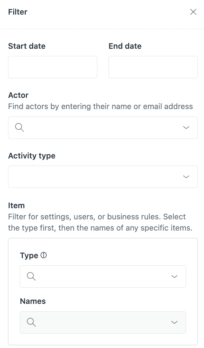 Zendesk's audit log filter drawer displaying filtering options by start and end date, actor, activity type, and specific items.