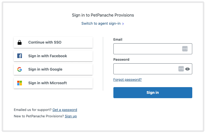 Page de connexion Zendesk affichant les options d’authentification SSO et sociale