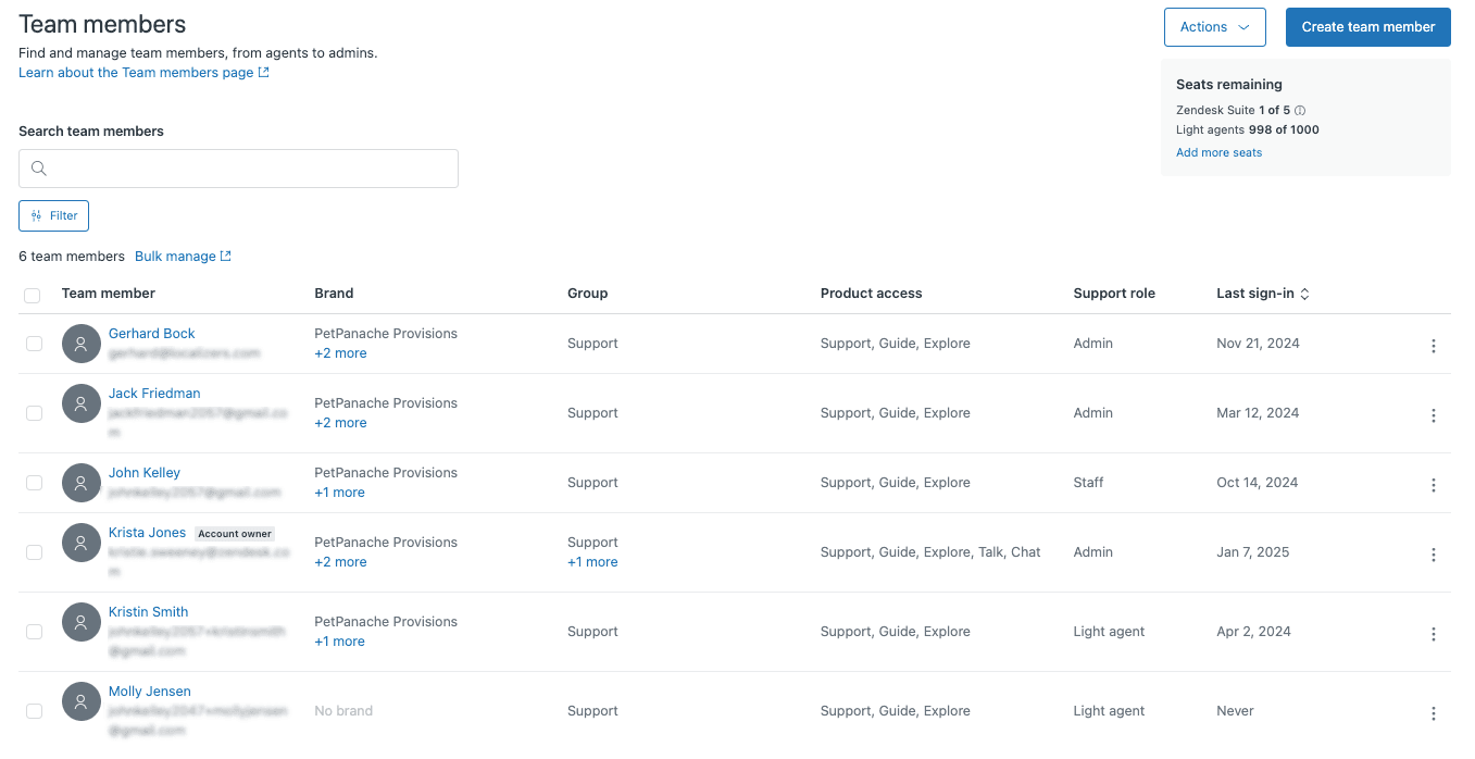 Zendesk team members management with agent assignments and brand access