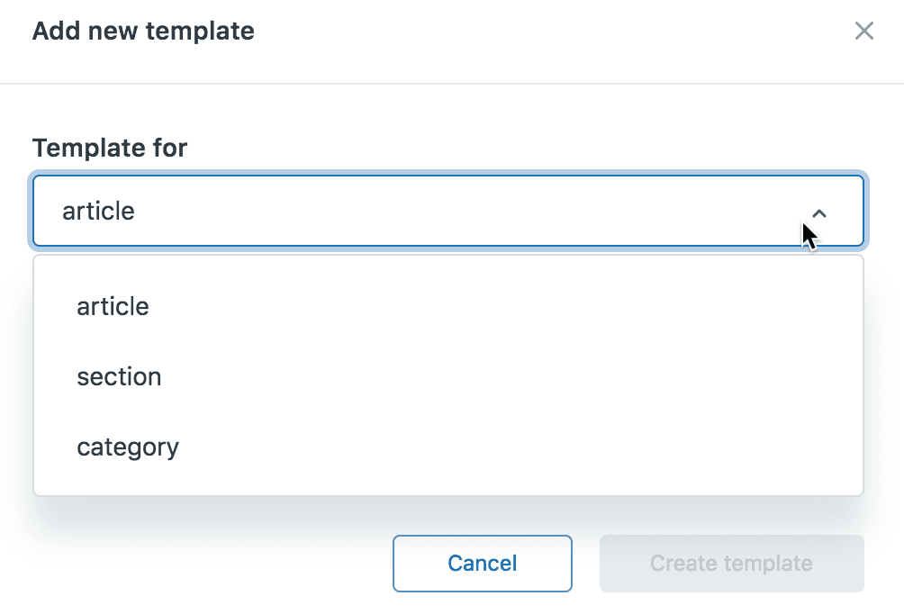 A template creation dialog showing type selection options for 'article', 'section', or 'category'.