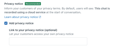 Zendesk web widget configuration displaying privacy notice settings, including the option to add a privacy notice and link to custom terms.