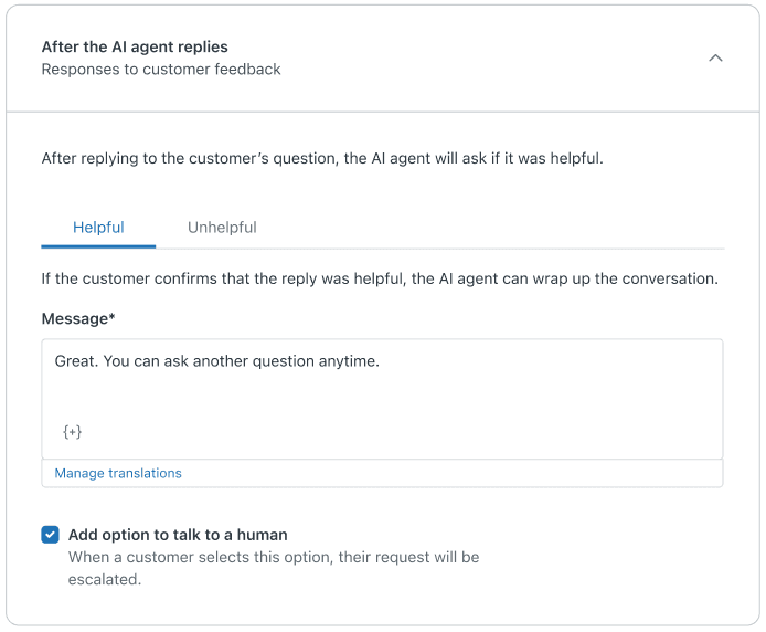 Painel de configuração de respostas padrão do agente de IA com campos de texto de mensagem e opções de escalonamento