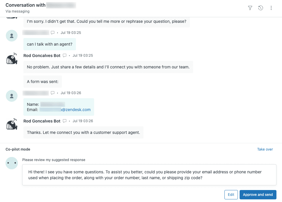 An agent's view of a chat conversation with a Copilot mode providing an AI-suggested response based on the ticket context.