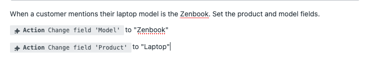 Um painel de configuração de ação personalizada definindo regras para atualizar os campos de produto e modelo com base na entrada do cliente.