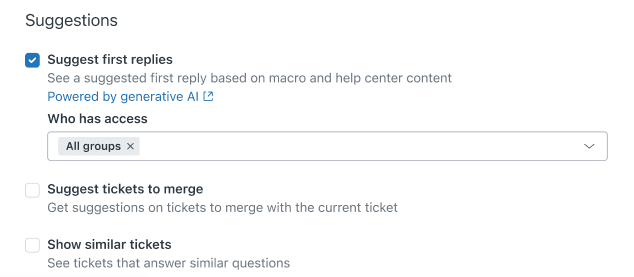 Admin Center interface displaying the 'Suggest first replies' toggle and 'Who has access' group settings.