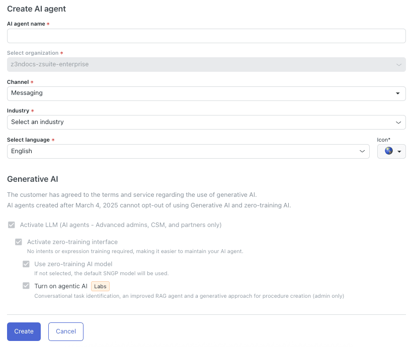 Zendesk's AI agent creation interface, allowing configuration of generative AI settings and agent parameters.