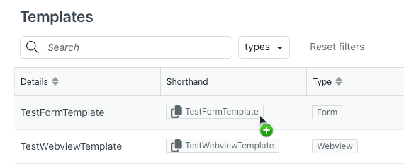 L'onglet Modèles affichant la colonne « Abrégé » avec la fonctionnalité de copie pour les noms de modèles.