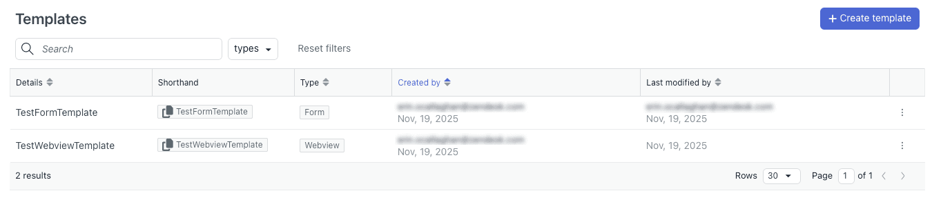 Templates management interface with search functionality