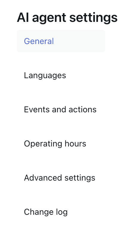 The AI agent settings panel navigation, showing options such as General, Languages, and Advanced settings.