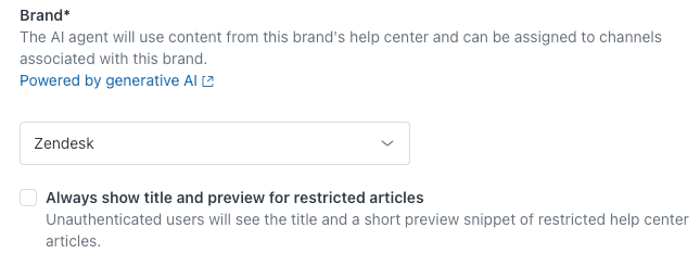 AI agent settings interface displaying the brand selection dropdown for content sourcing.