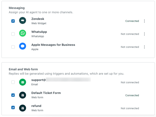 The admin center interface for configuring AI agent channel assignments, showing options for messaging, email, and web forms.