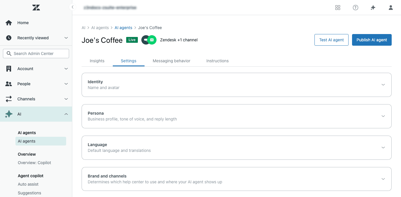 AI agent settings panel showing tier information and configuration options for agent identity, persona, and channel integration