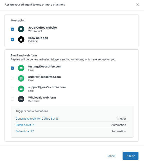 The AI agent assignment dialog showing channel selection and a 'Publish' button.