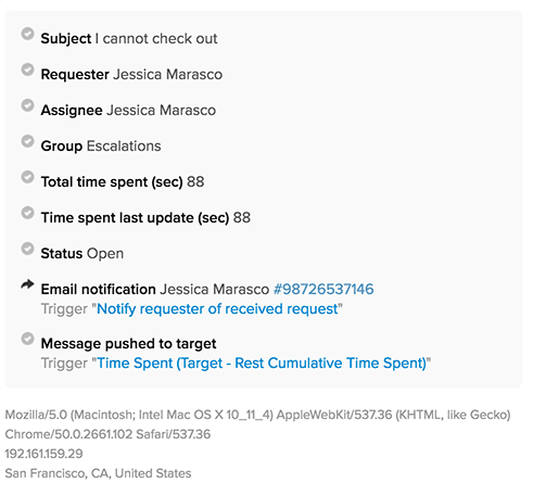 A helpdesk system's ticket events panel displaying a detailed history of ticket activity, including status changes, time spent, and automated notifications.